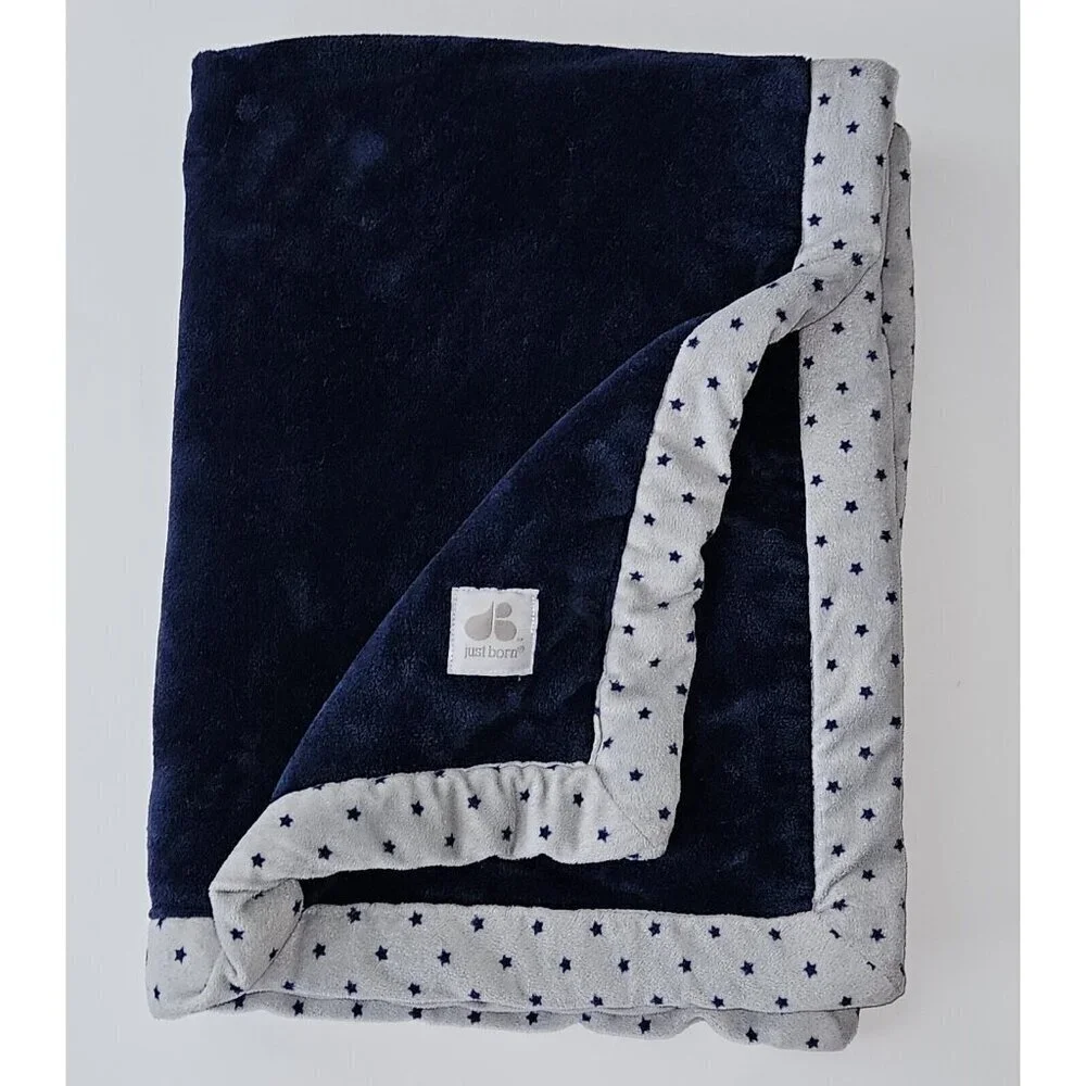 Just Born Navy Blue Gray Stars Trim Fleece Baby Blanket SOFT 29x38 RARE DESIGN